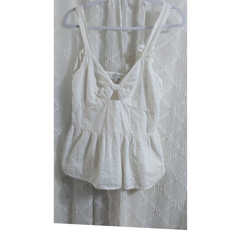 Sofia Jeans by Sofia Vergara White Eyelet Tie Strap Peplum Camisole Top Small